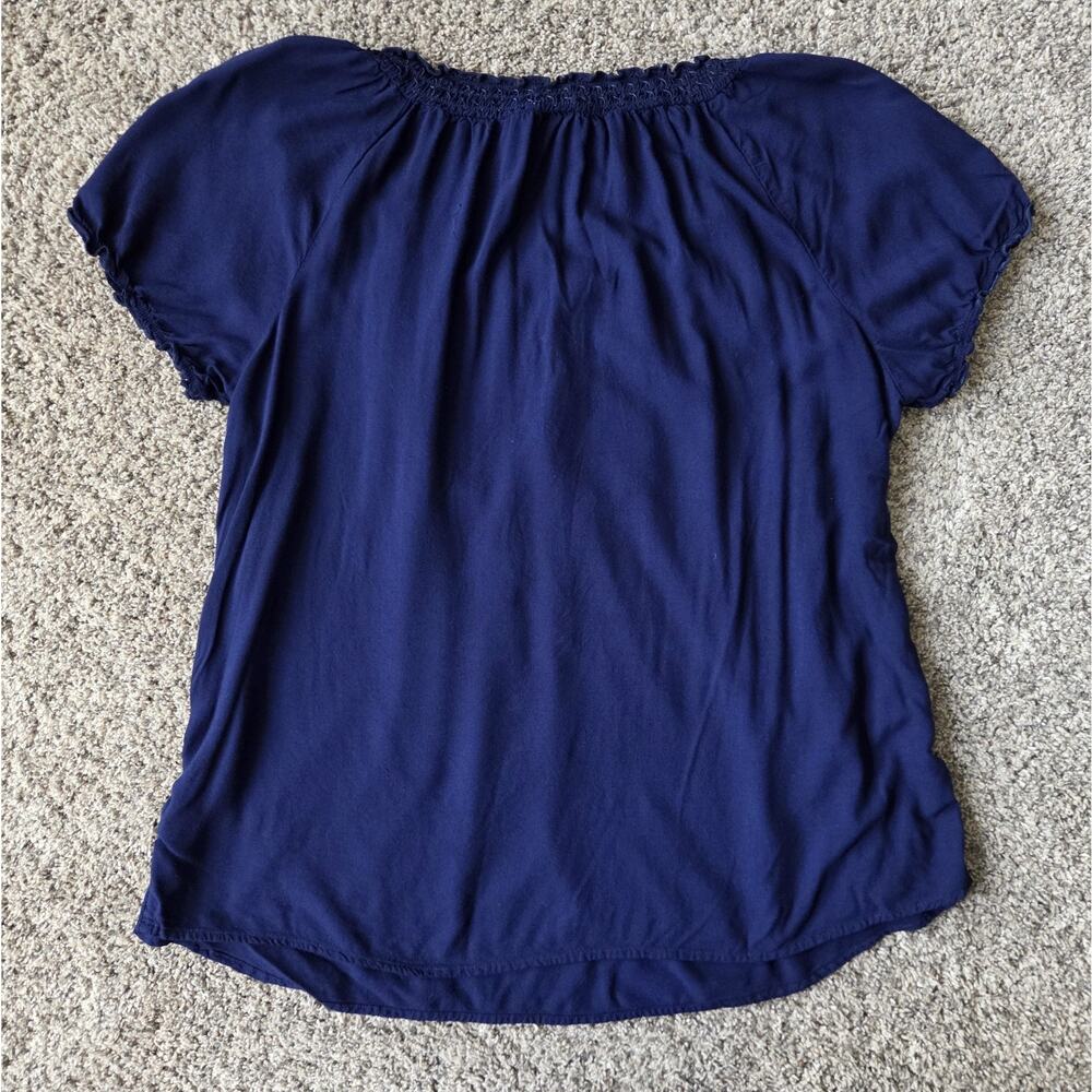 Faded Glory Navy Blue Peasant Blouse Puff Sleeve Rayon Top XL 16-18 Boho - Picture 2 of 8